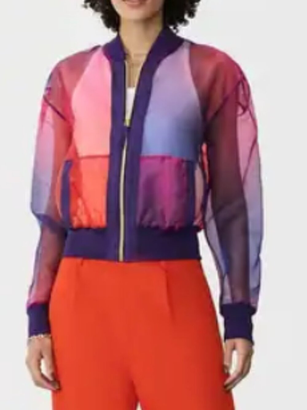 GSTQ Sheer Bomber Jacket In SUNSET Zip Up Chiffon Womens Sz M - NWT